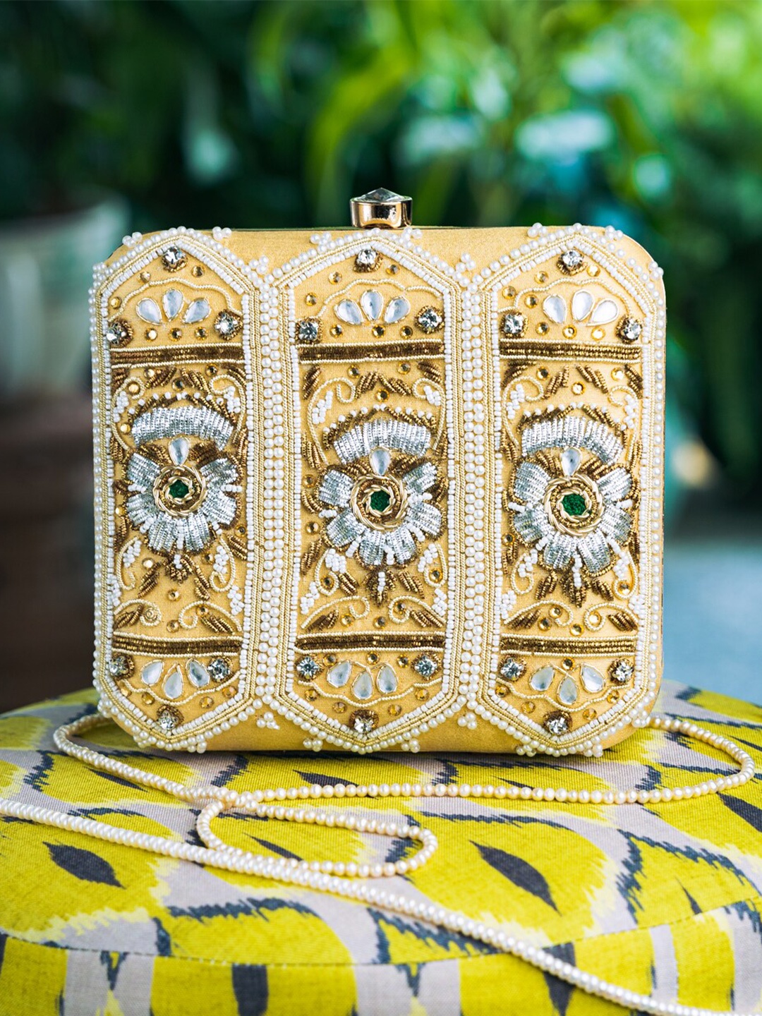 

Sangria Yellow Embellished Box Clutch