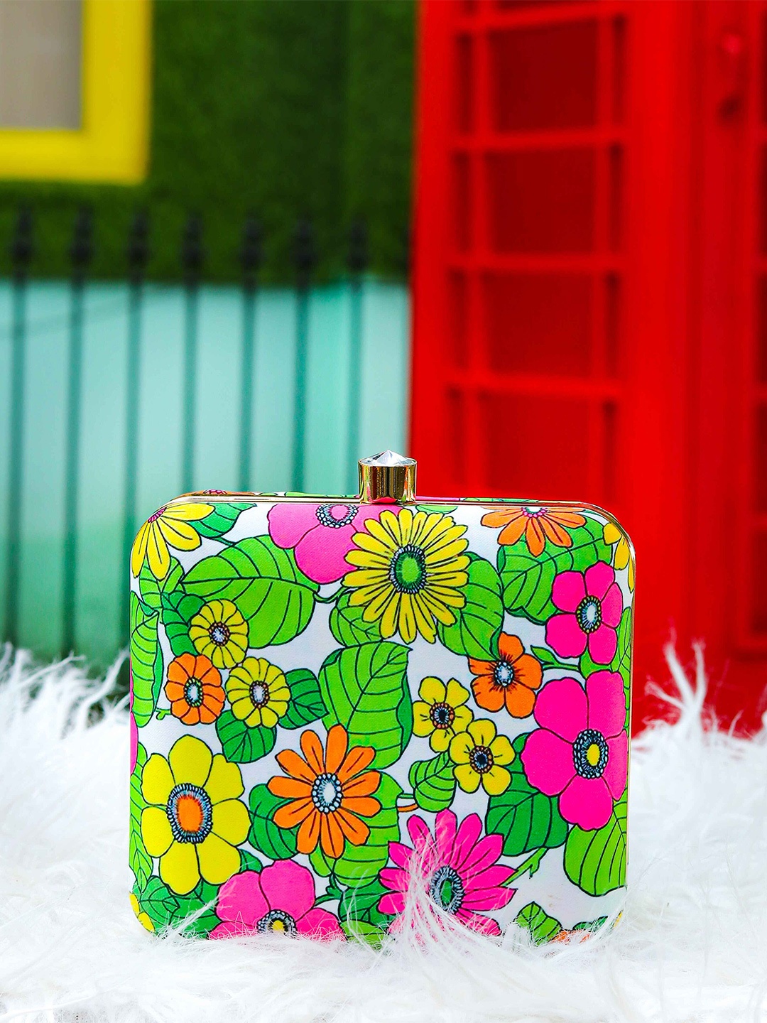 

Sangria Green Printed Box Clutch