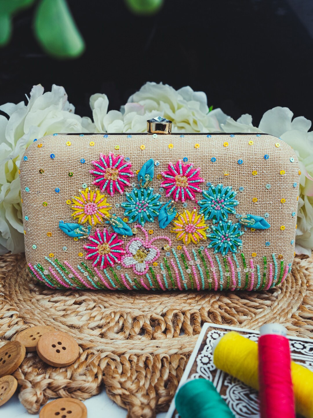 

Sangria Beige Embroidered Box Clutch