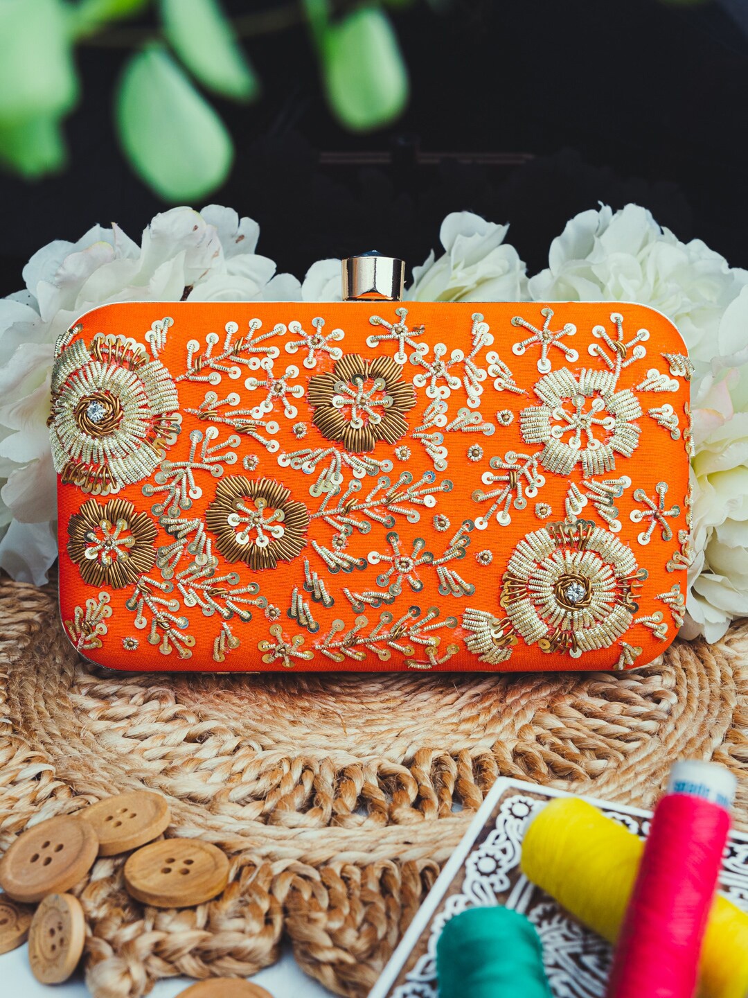 

Sangria Orange Embellished Box Clutch