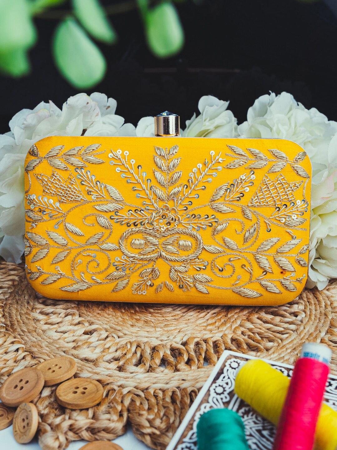 

Sangria Rectangular Framed Embroidered Box Clutch, Yellow