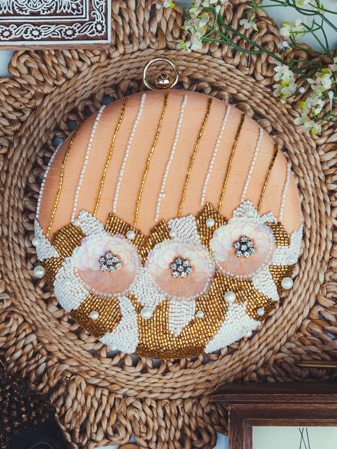 

Sangria Round Framed Embellished Box Clutch, Peach