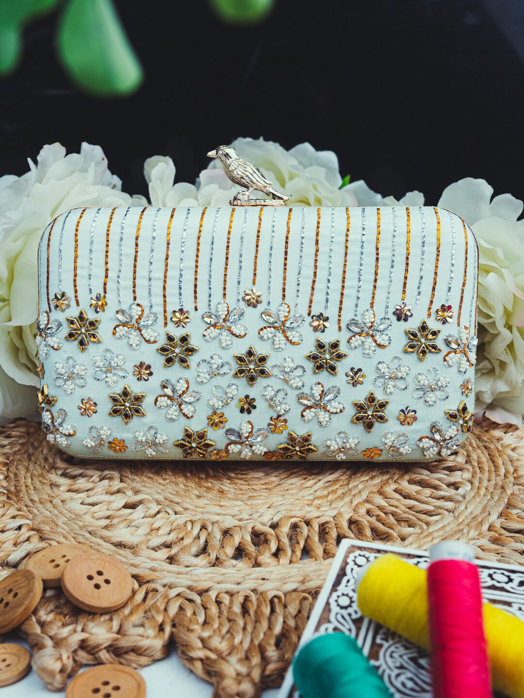 

Sangria Beads And Stones Embellished Box Clutch, Cream