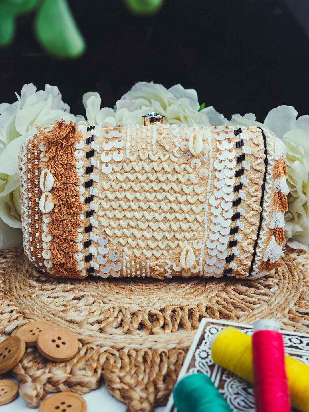 

Sangria Beads and Stones Embroidered Box Clutch, Beige
