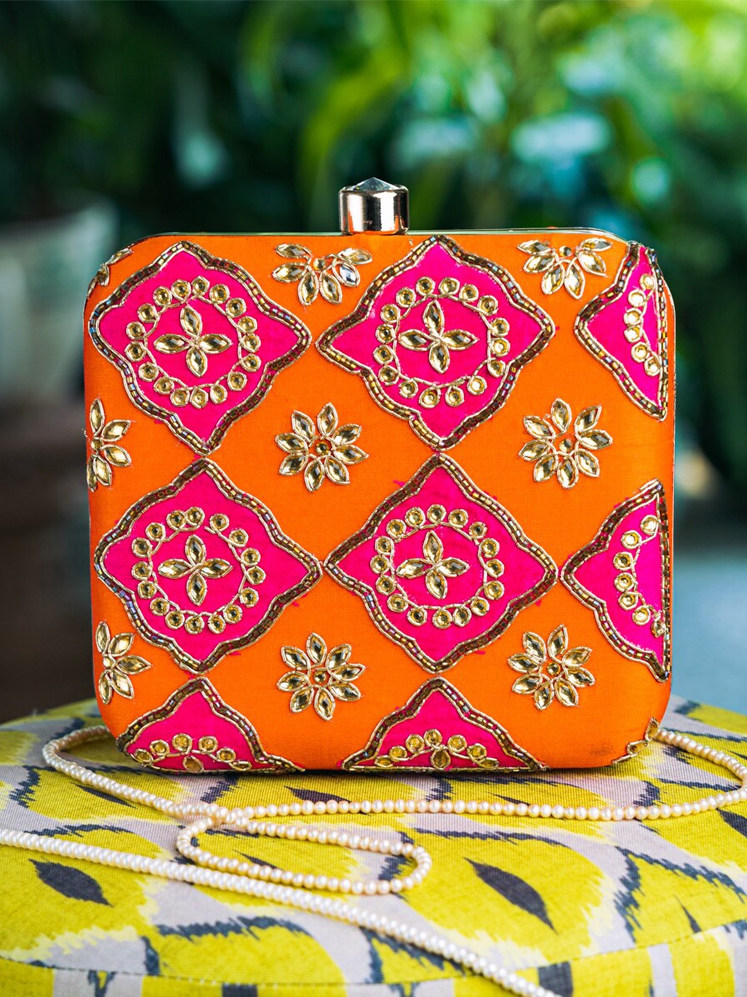 

Sangria Beads And Stones Embroidered Box Clutch, Orange