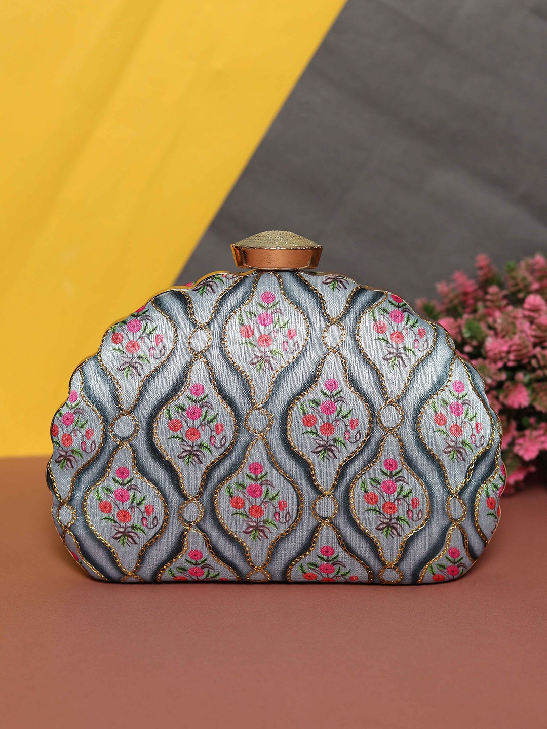 

Sangria Floral Printed Embellished Detail Box Clutch, Green