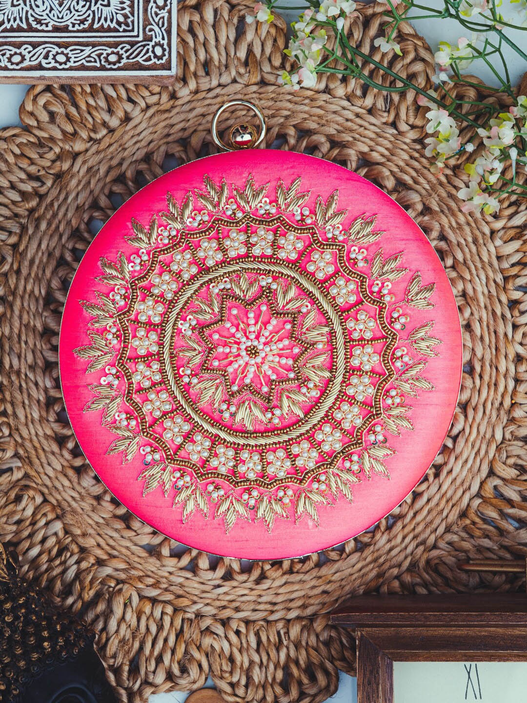 

Sangria Beads Embroidered Box Clutch, Coral