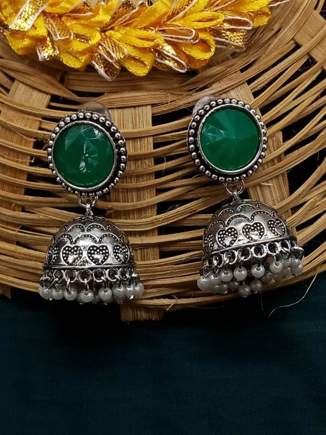 

AASHISH IMITATION Rhodium-Plated Geometric Oxidised Jhumkas, Green