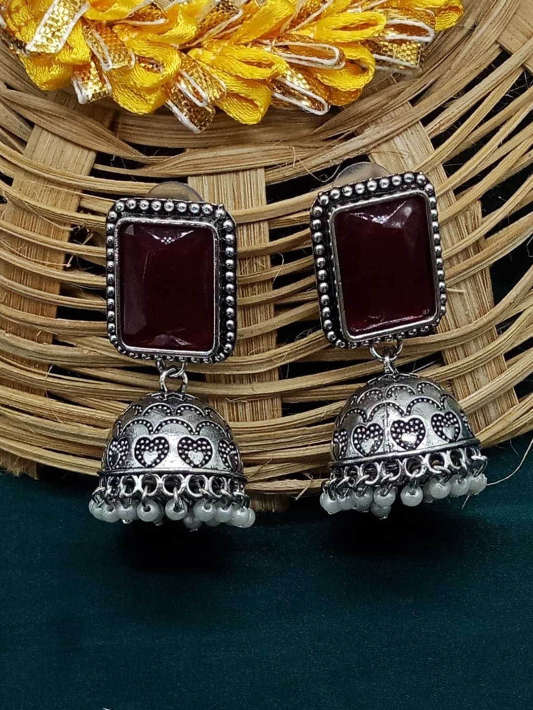 

AASHISH IMITATION Rhodium-Plated Geometric Oxidised Jhumkas, Maroon