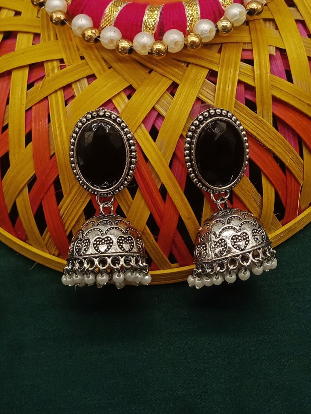 

AASHISH IMITATION Rhodium-Plated Geometric Oxidised Jhumkas, Black