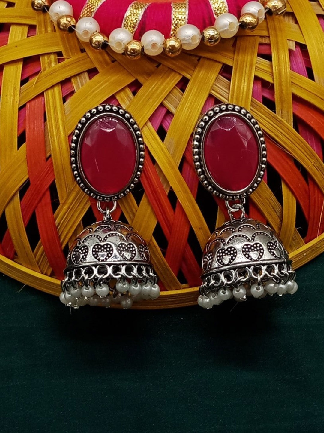 

AASHISH IMITATION Rhodium-Plated Geometric Oxidised Jhumkas, Red