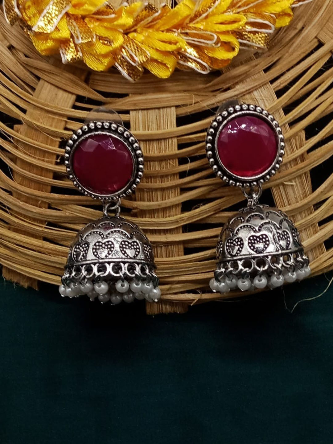 

AASHISH IMITATION Rhodium-Plated Geometric Oxidised Jhumkas, Red