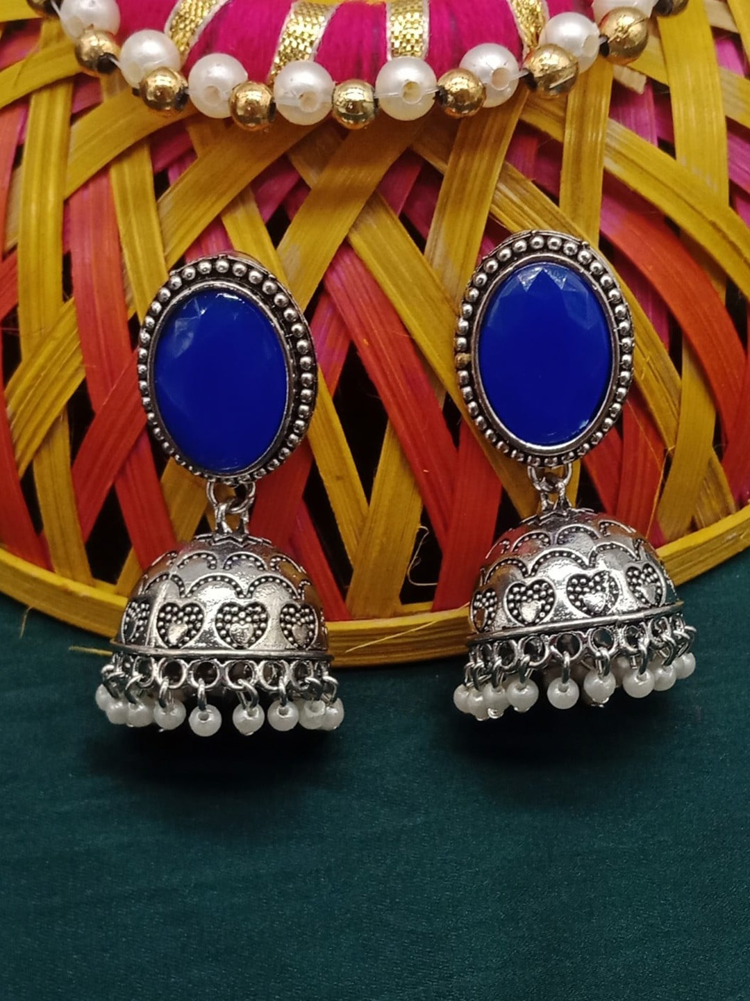 

AASHISH IMITATION Kundan Rhodium-Plated Contemporary Jhumkas Earrings, Blue