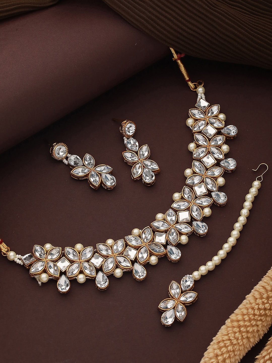 

Jazz and Sizzle Gold-Plated Stone-Studded & Pearl Beaded Jewellery Set