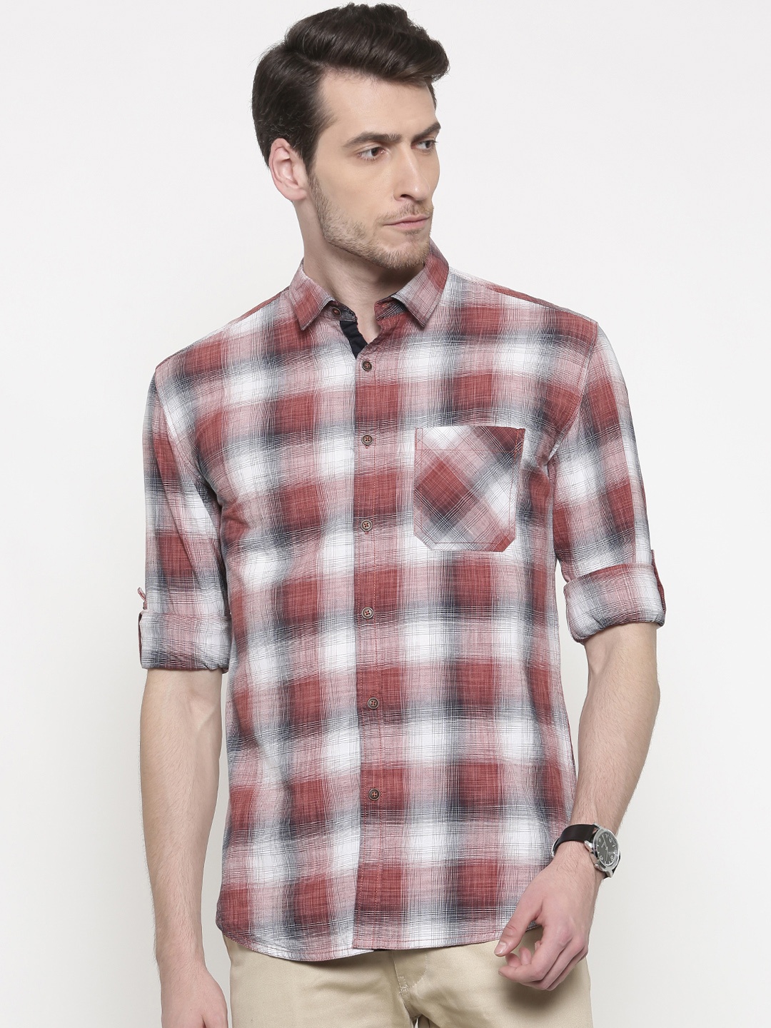 

Nature Casuals Men Brown & White Slim Fit Checked Casual Shirt