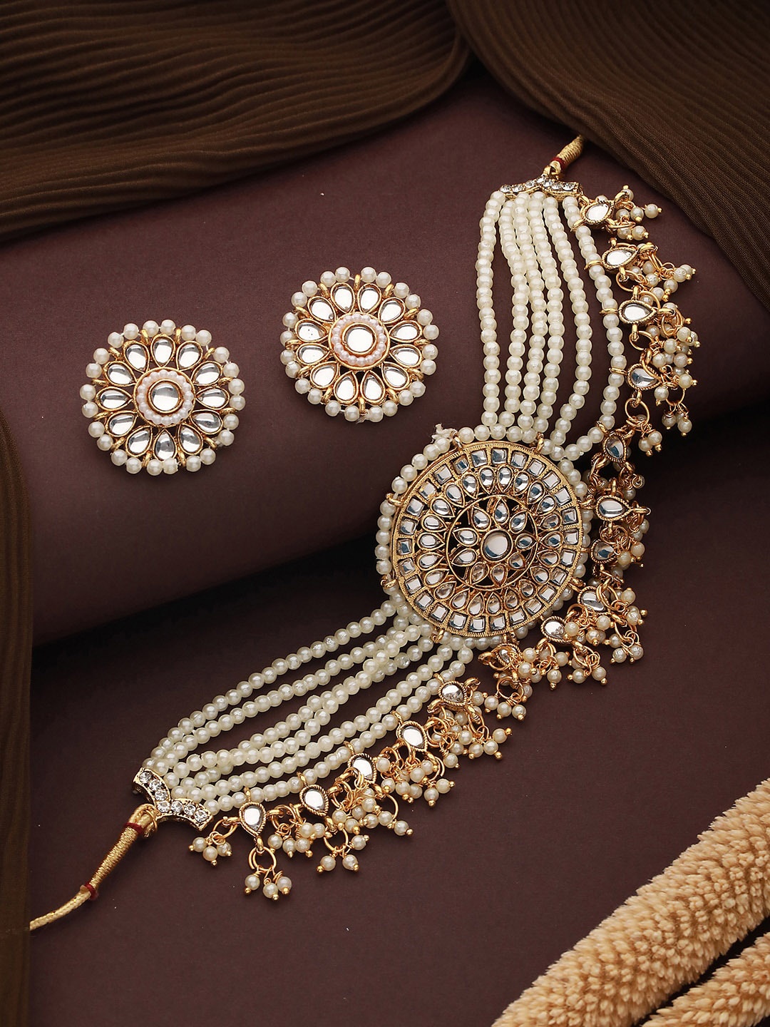 

Jazz and Sizzle Gold-Plated Kundan-Studded & Beaded Necklace & Earrings