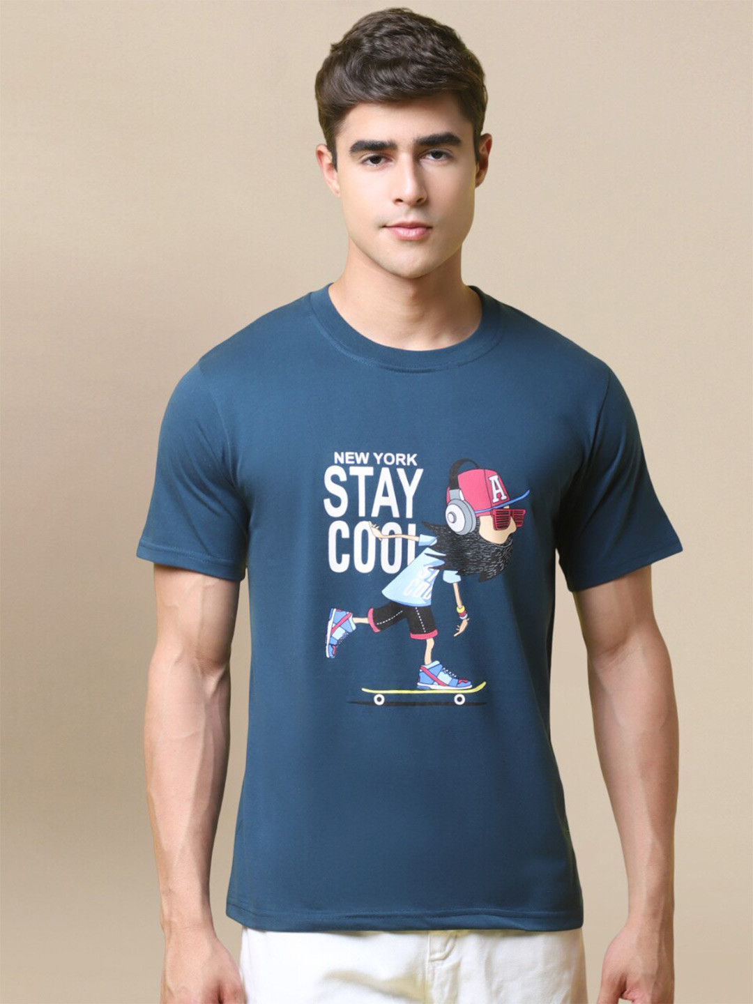 

1 Stop Fashion Typography Printed Round Neck Cotton T-shirt, Navy blue