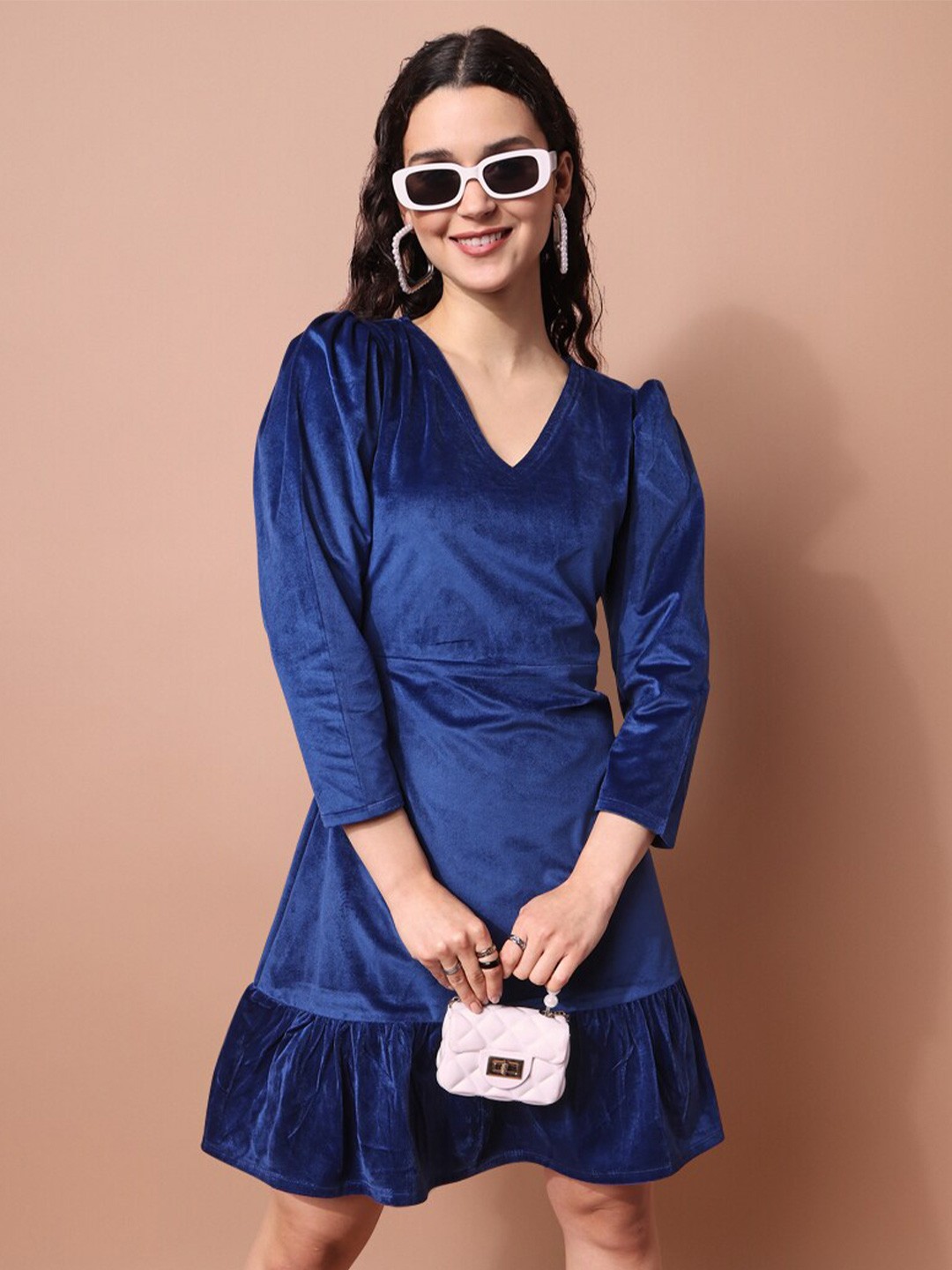 

PURVAJA V-Neck Velvet A-Line Dress, Blue