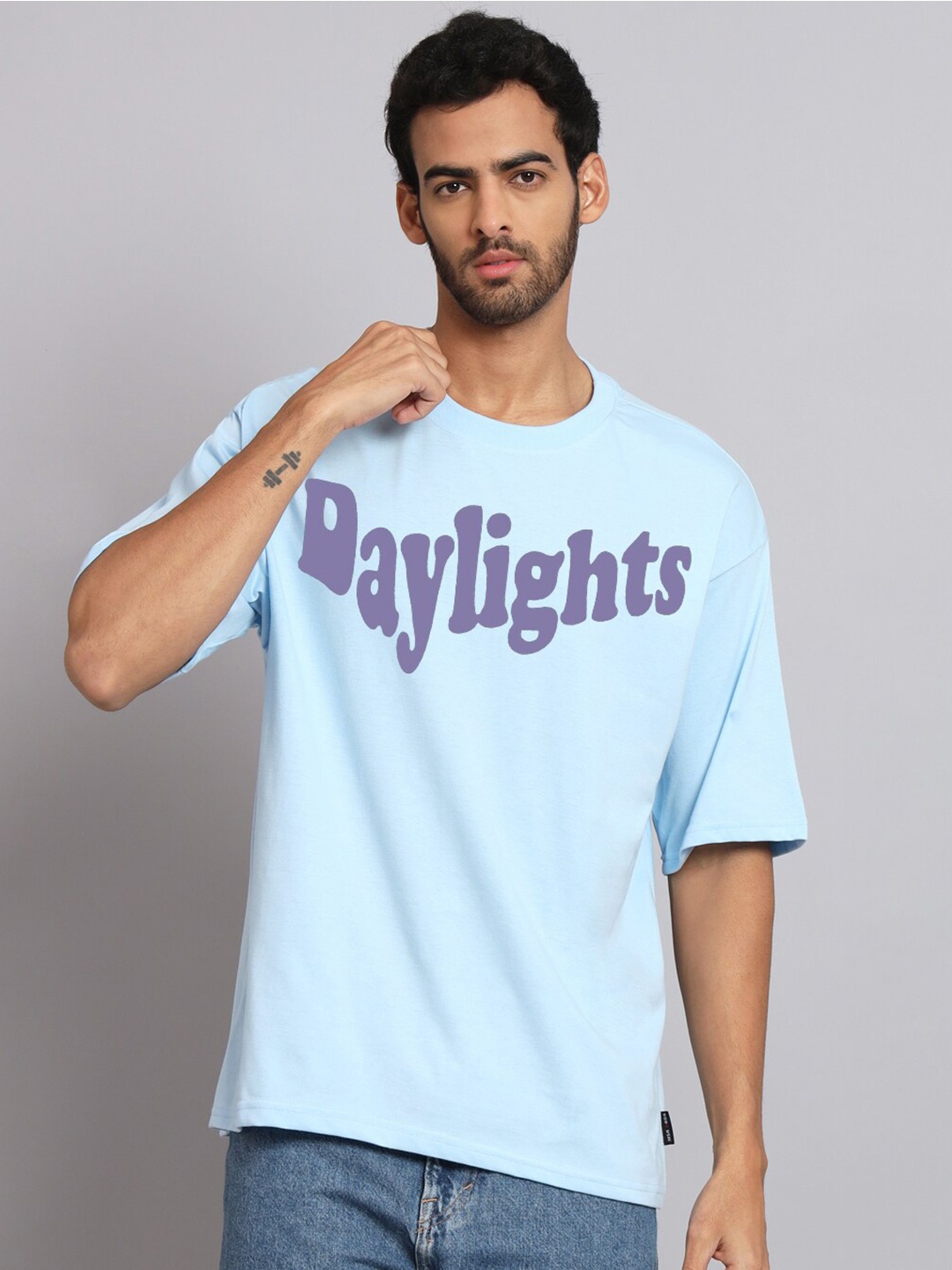 

Imsa Moda Typography Printed Round Neck Oversized Cotton T-shirt, Blue