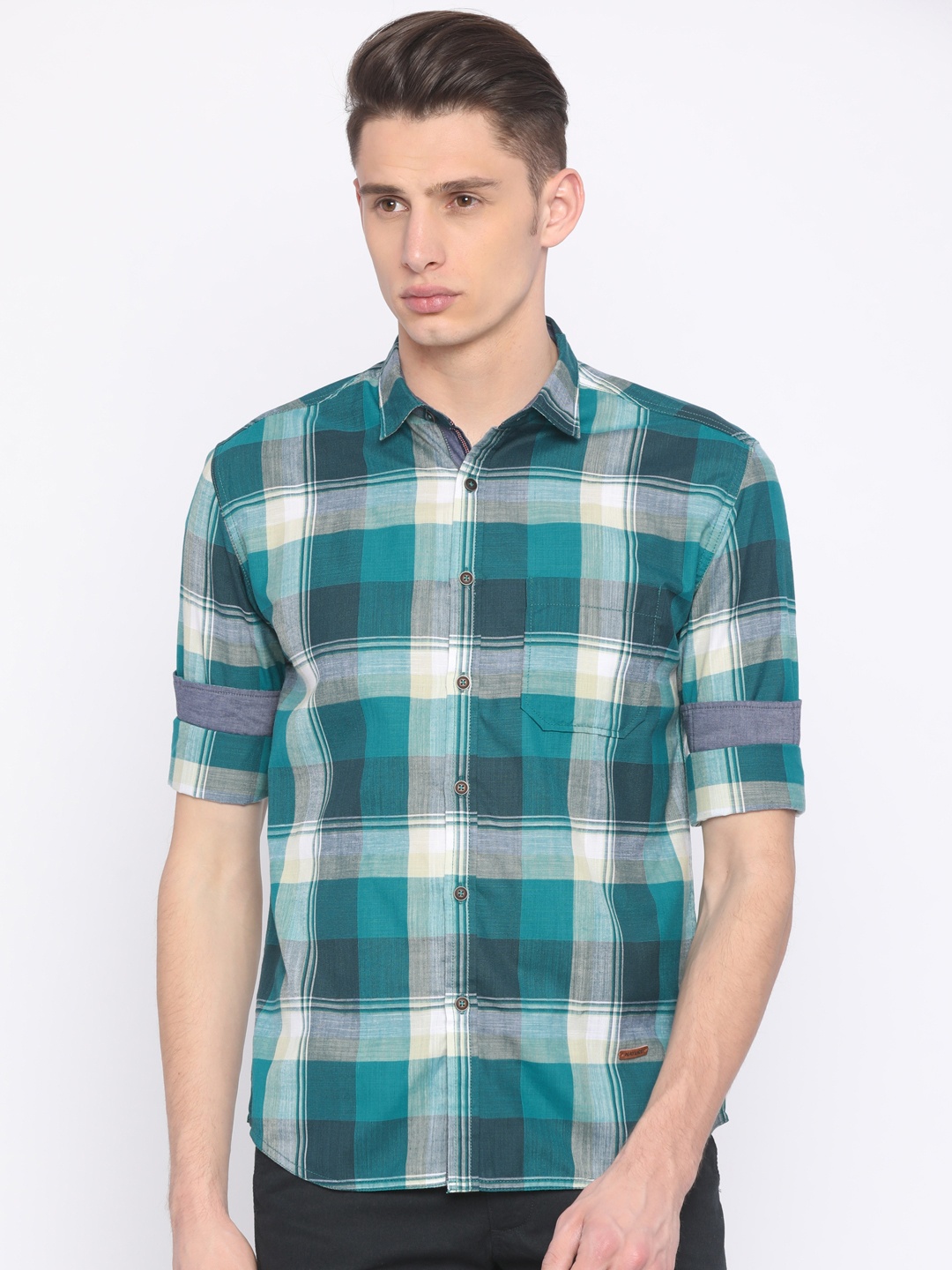 

Nature Casuals Men Green & Beige Slim Fit Checked Casual Shirt