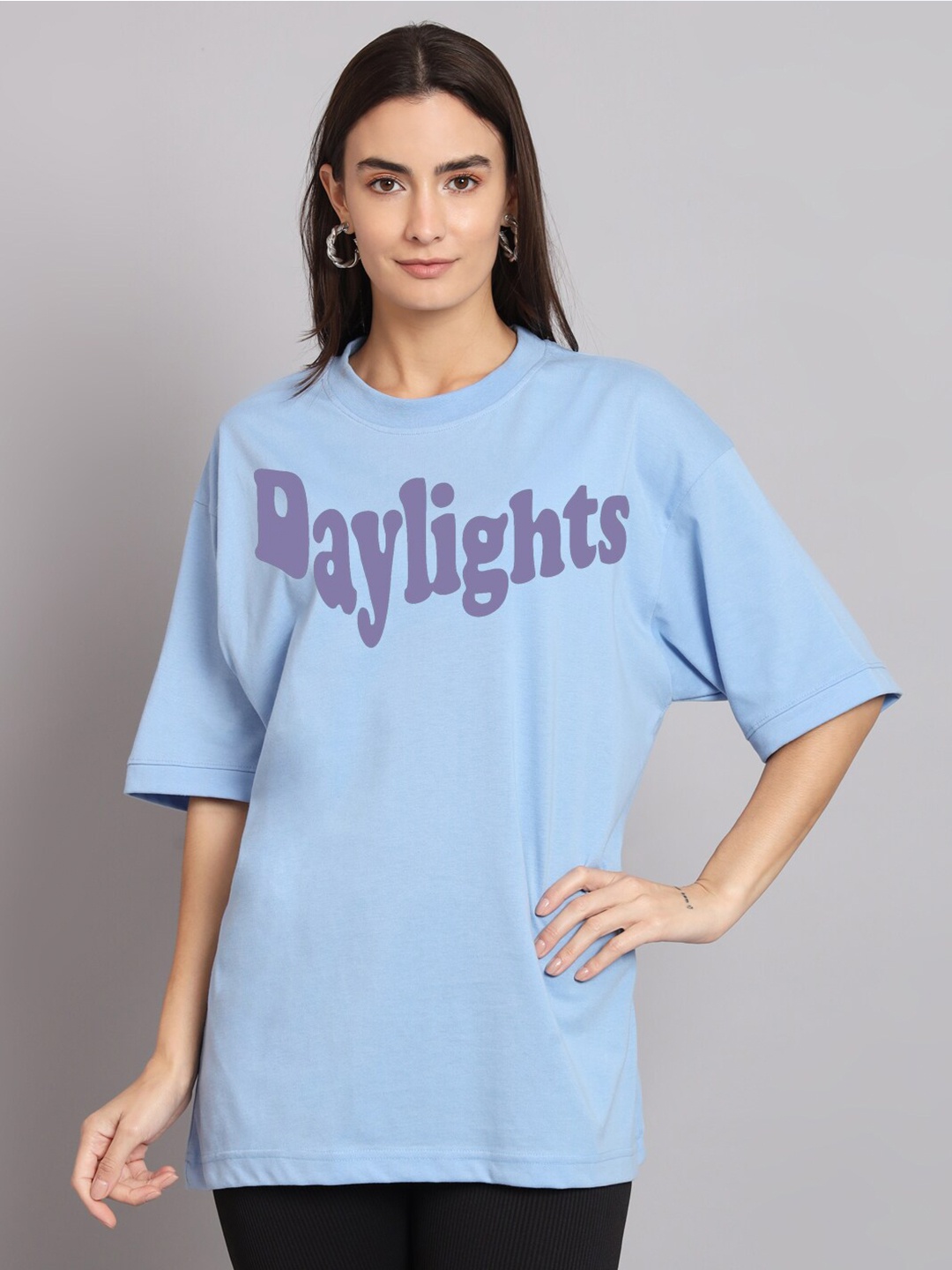 

Imsa Moda Typography Printed Oversized Longline Cotton T-shirt, Blue