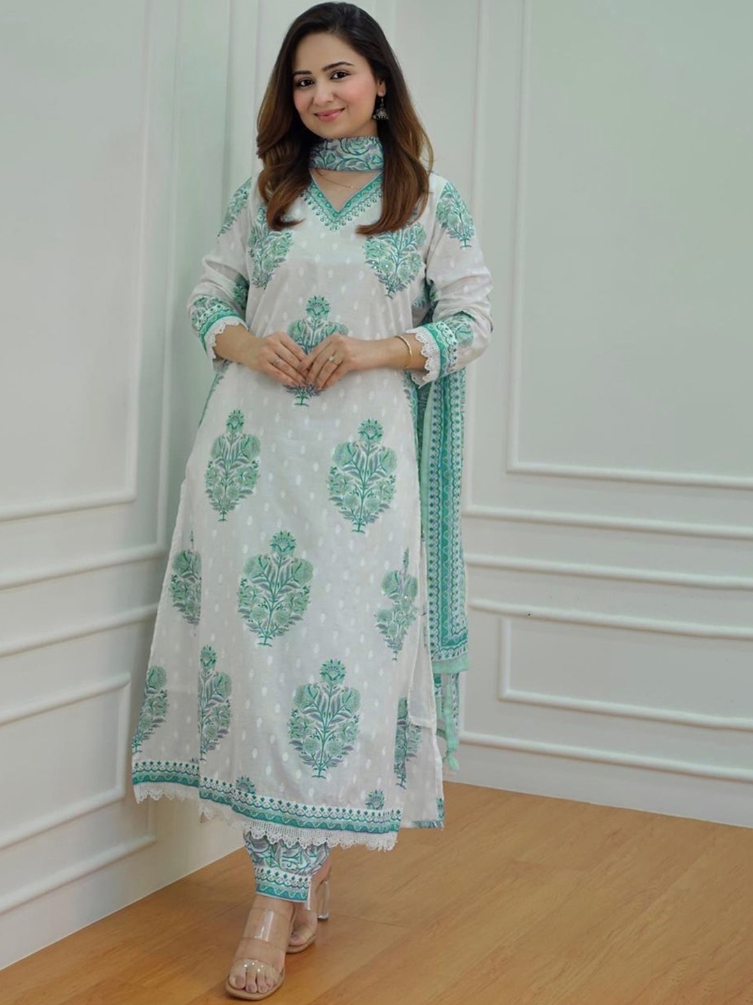 

KALINI Floral Printed Sequinned Detail Pure Cotton A-Line Kurta & Salwar With Dupatta, Turquoise blue