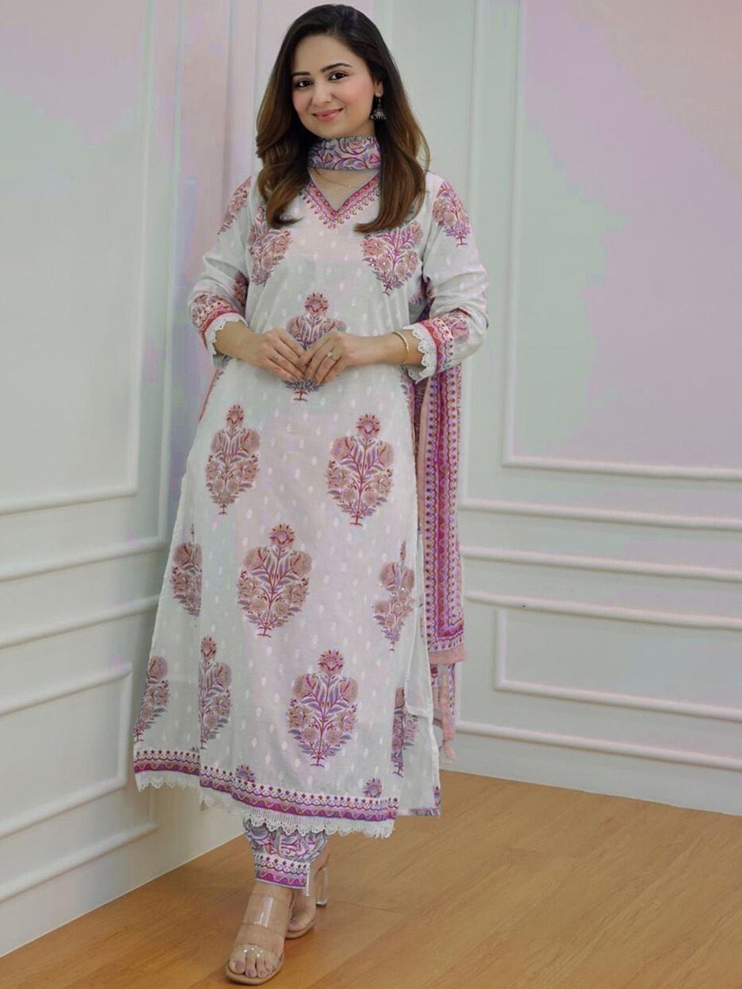 

KALINI Floral Printed Sequinned Detail Pure Cotton A-Line Kurta & Salwar With Dupatta, White
