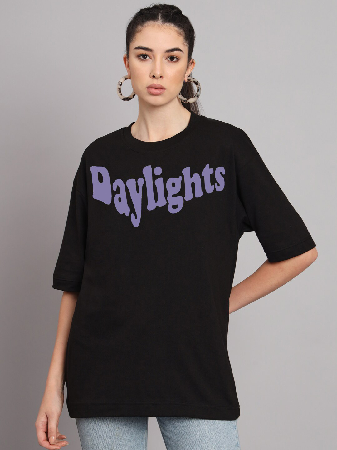 

Imsa Moda Typography Printed Round Neck Oversized Cotton T-shirt, Black
