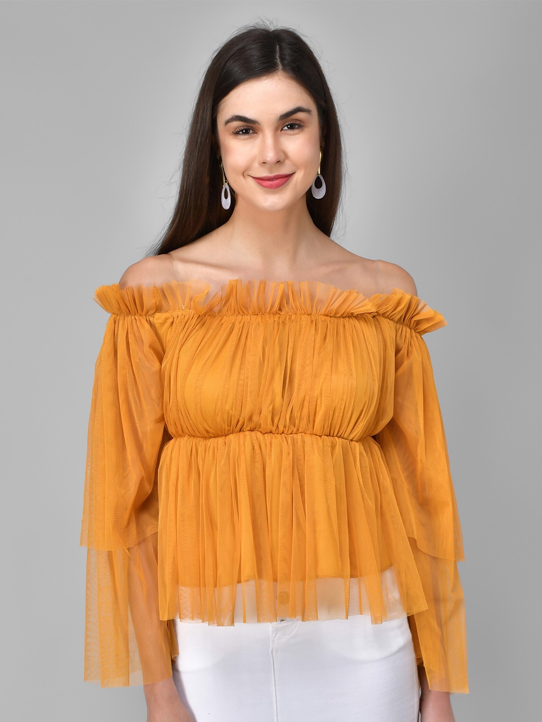 

MAZIE Off-Shoulder Flared Sleeve Gathered Cotton Bardot Top, Mustard