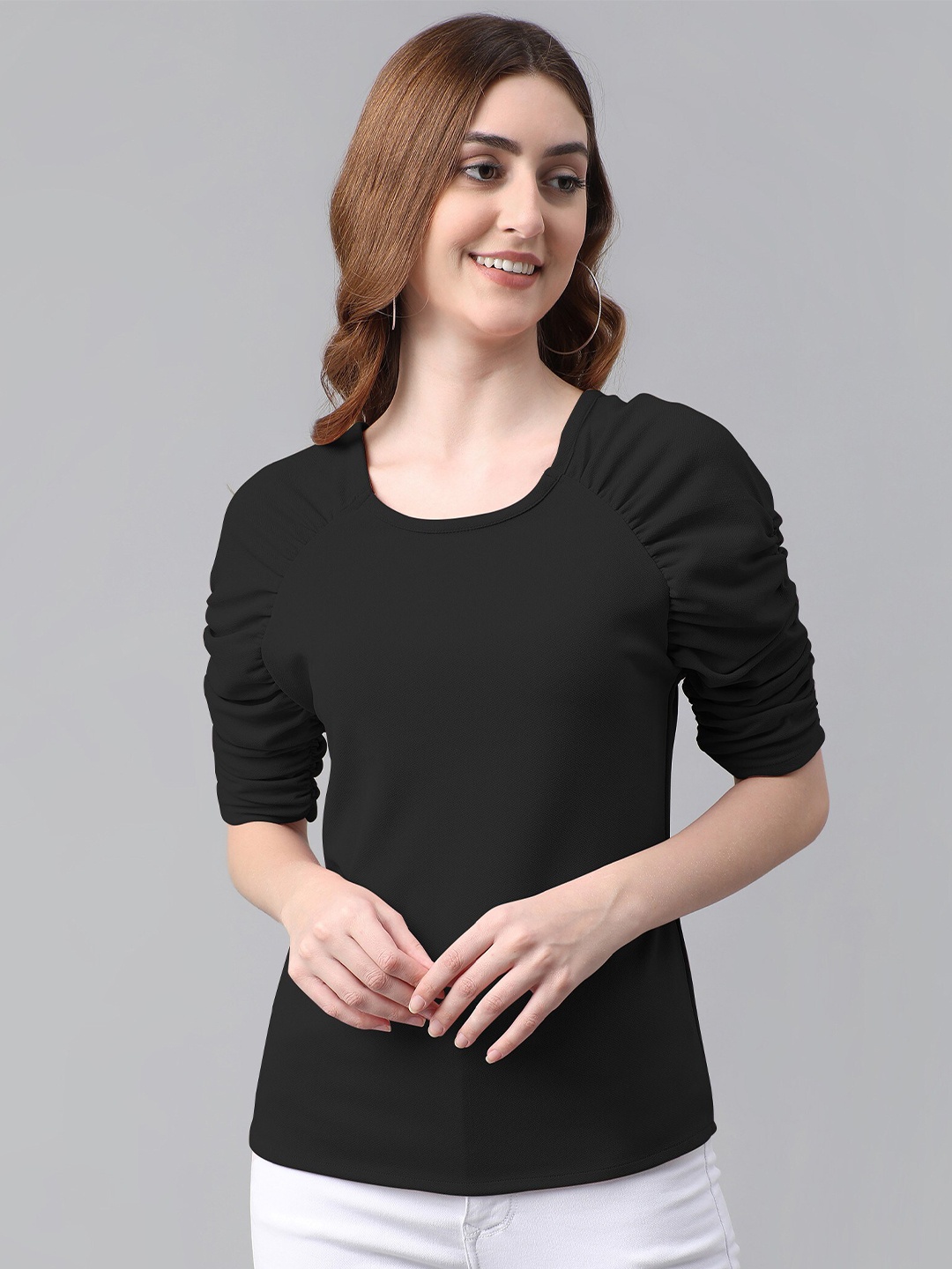 

MAZIE Round Neck Gathered Raglan Sleeves Top, Black