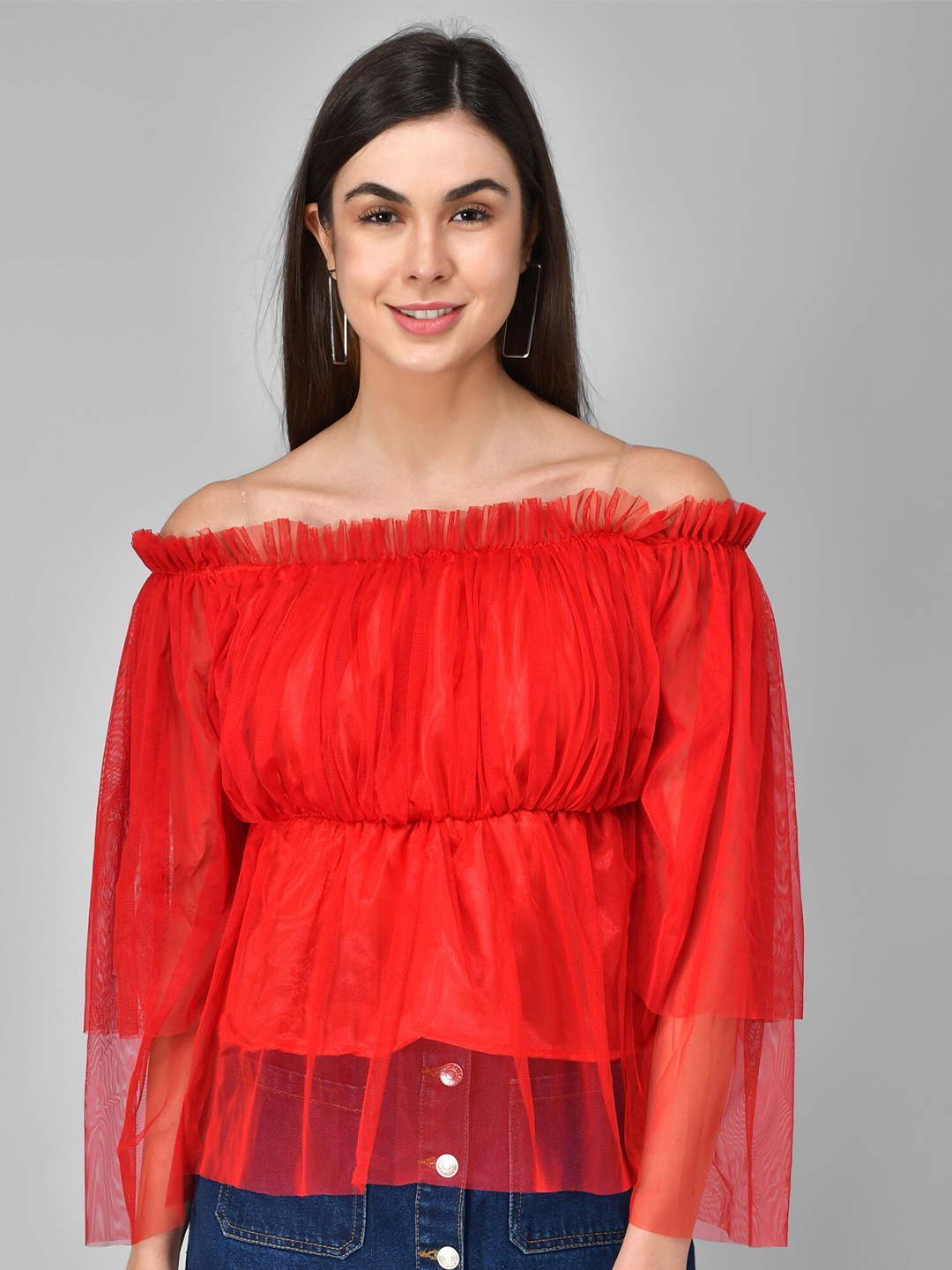 

MAZIE Off-Shoulder Flared Sleeve Gathered Cotton Bardot Top, Red