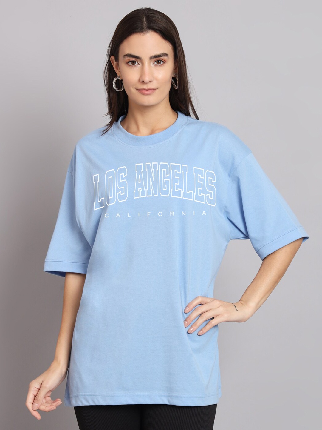 

Imsa Moda Typography Printed Round Neck Oversized Cotton T-shirt, Blue