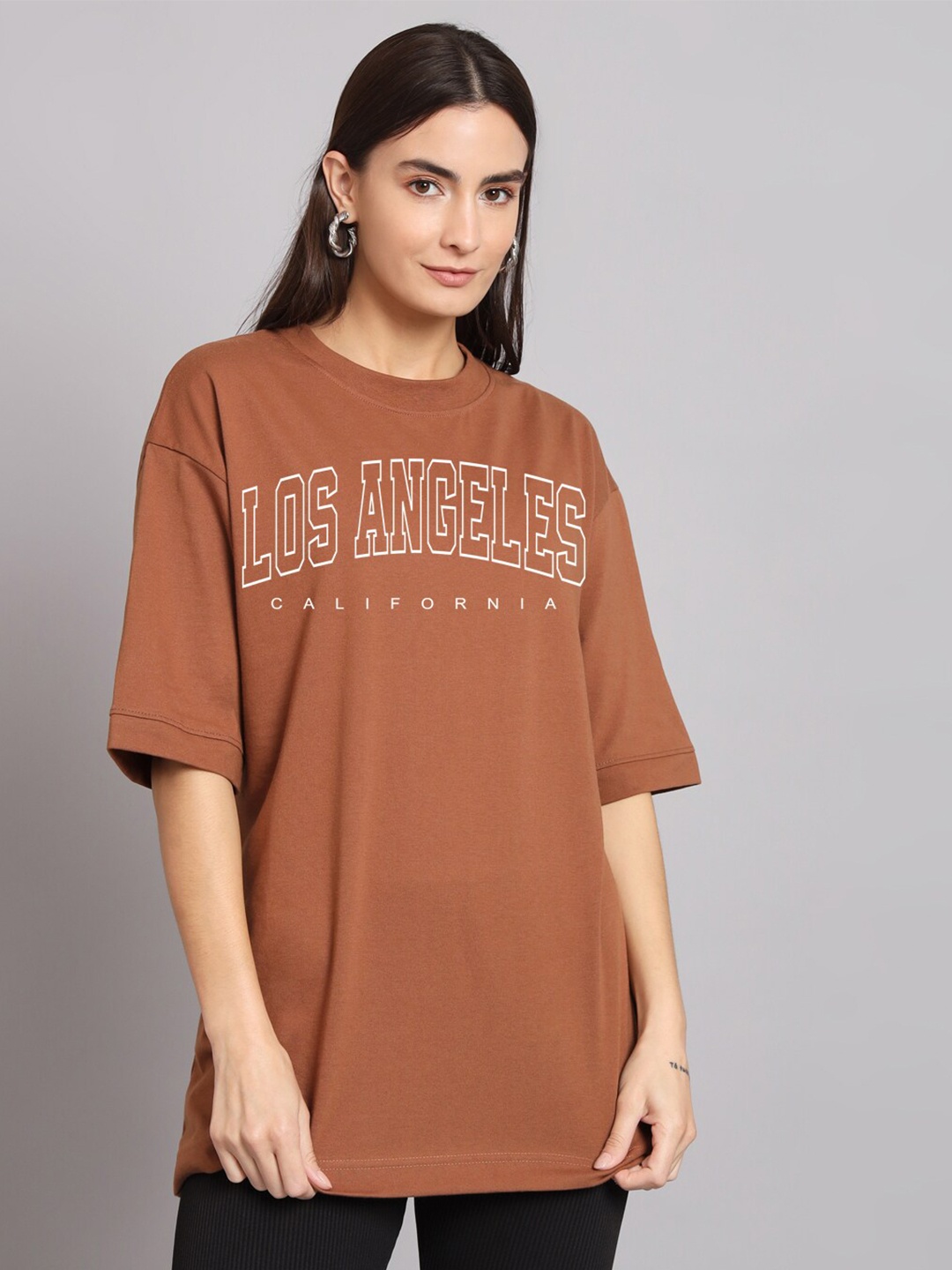 

Imsa Moda Typography Printed Round Neck Oversized Cotton T-shirt, Coffee brown