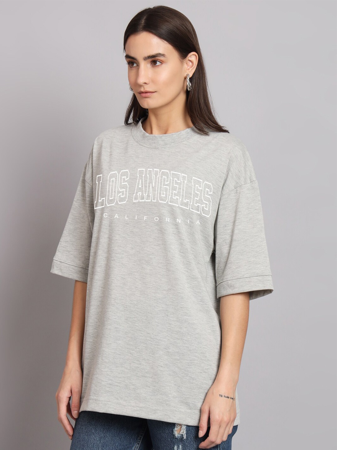 

Imsa Moda Typography Printed Drop-Shoulder Sleeves Cotton Oversized T-shirt, Grey