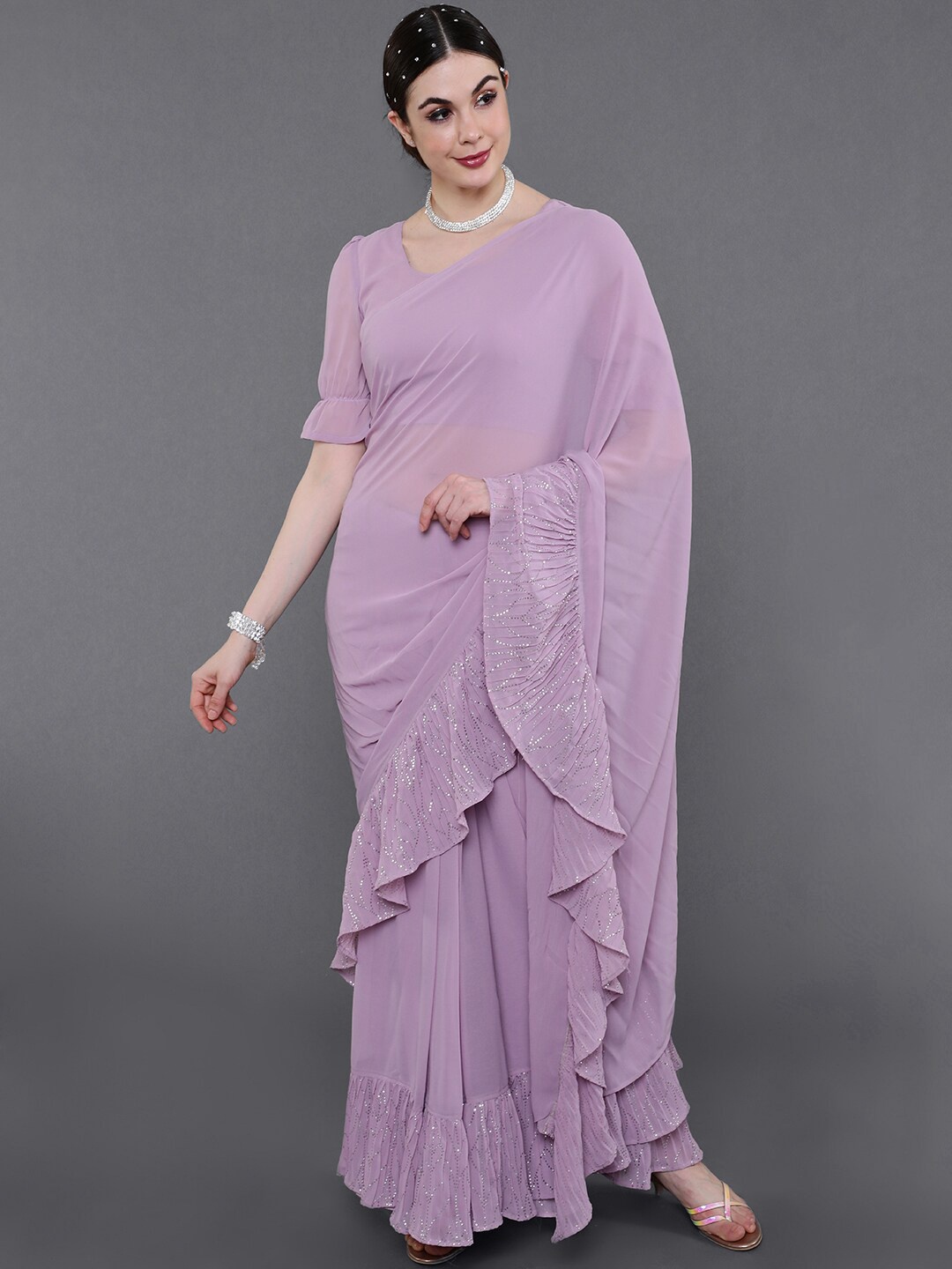 

AKS Couture Beads And Stones Ruffled Pure Georgette Saree, Lavender