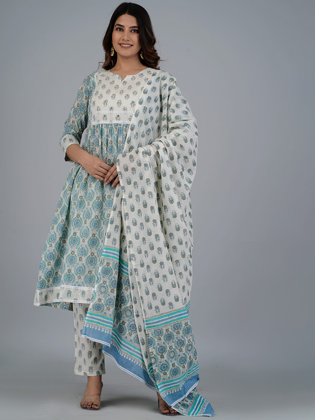 

KALINI Ethnic Motifs Printed Sequinned Pure Cotton Kurta & Trousers With Dupatta, White