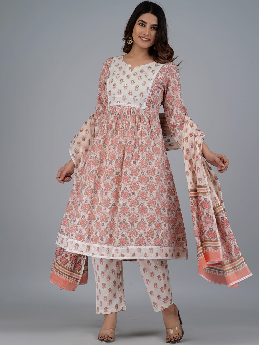 

KALINI Ethnic Motifs Printed Pure Cotton A-Line Kurta With Trousers & Dupatta, White