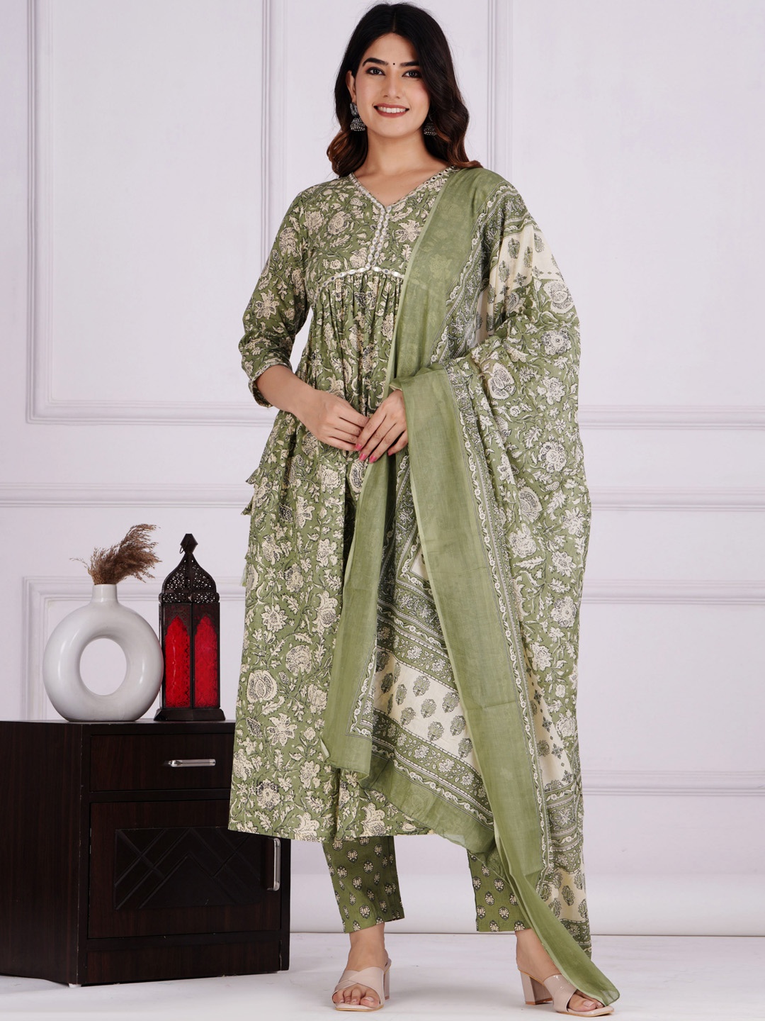 

KALINI Floral Printed Empire Pure Cotton A-Line Kurta & Trousers With Dupatta, Green