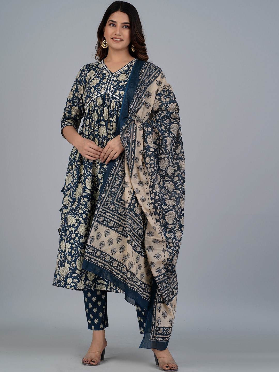 

KALINI Ethnic Motifs Printed Empire Pure Cotton A-Line Kurta With Trousers & Dupatta, Blue