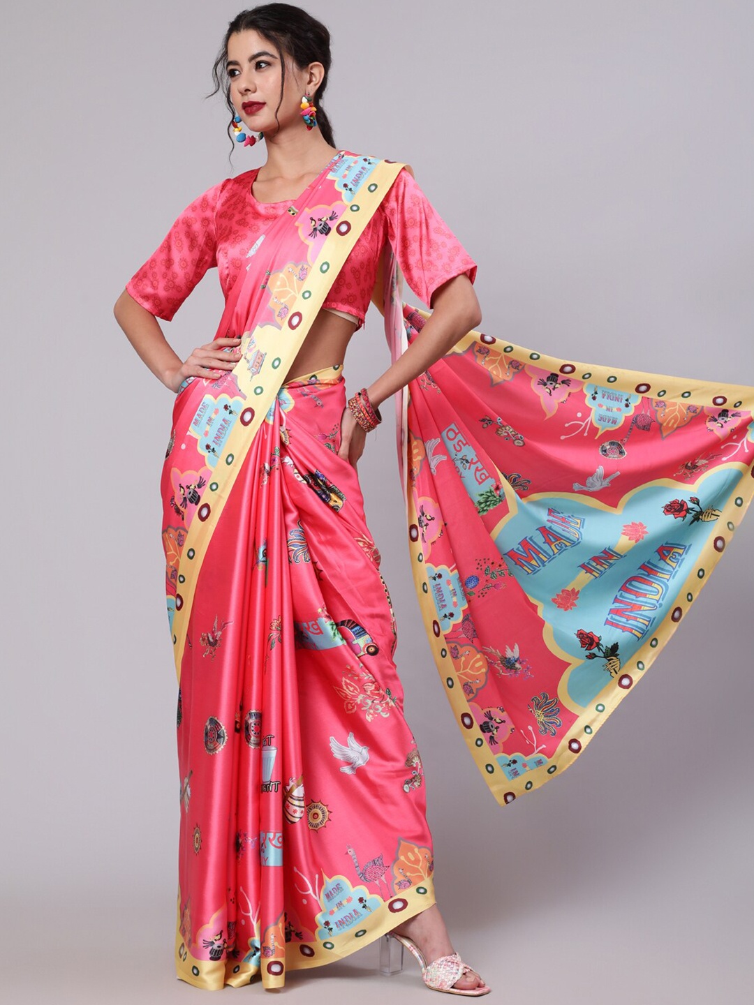 

AKS Abstract Printed Satin Saree, Pink