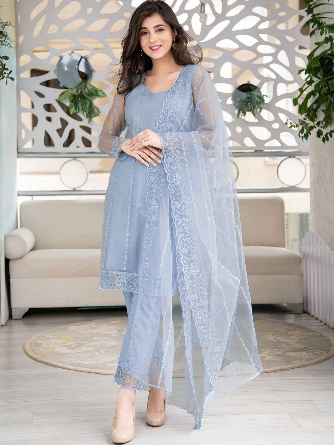 

Bollyclues Paisley Embroidered Sequinned Straight Kurta & Salwar With Dupatta, Grey
