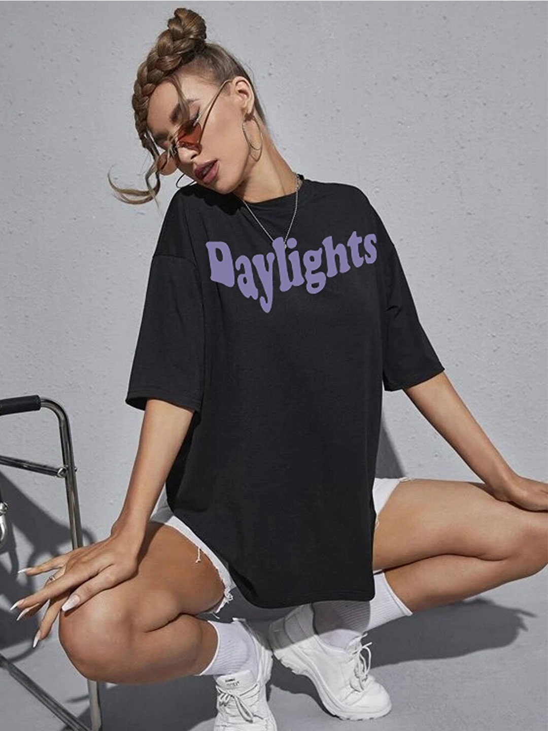 

Imsa Moda Typography Printed Round Neck Oversized Cotton T-shirt, Black