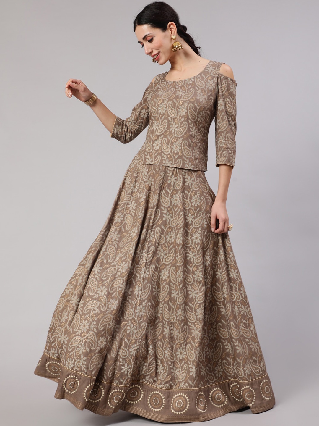 

AKS Paisley Printed Top With Flared Skirt Co-Ords, Brown