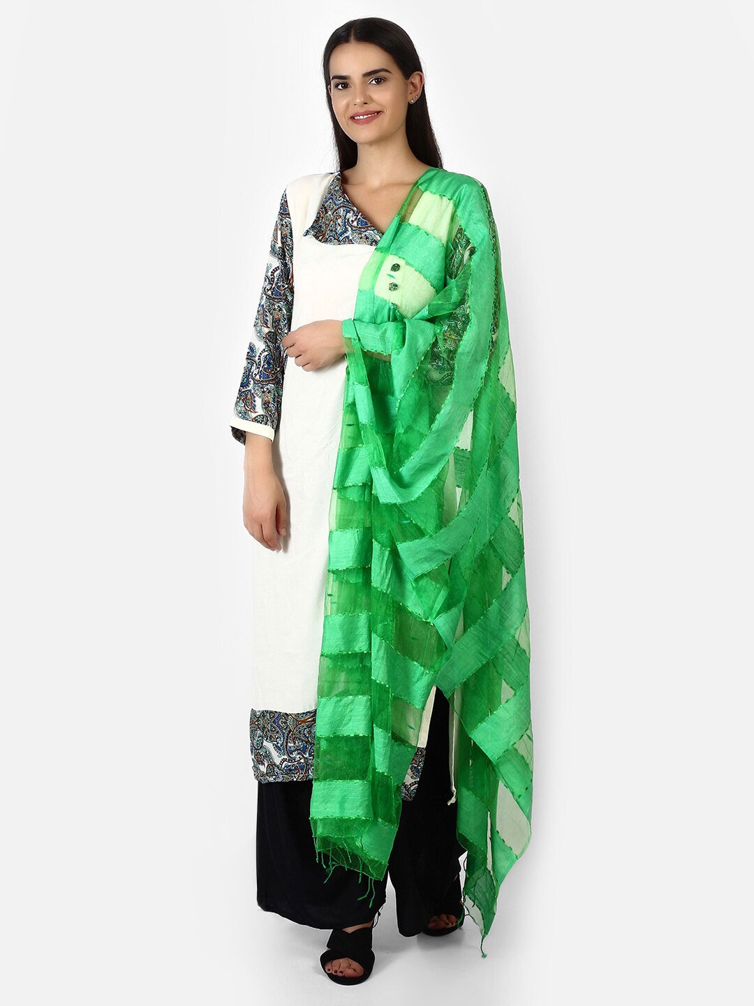 

amraoo Striped Tasselled Dupatta, Green