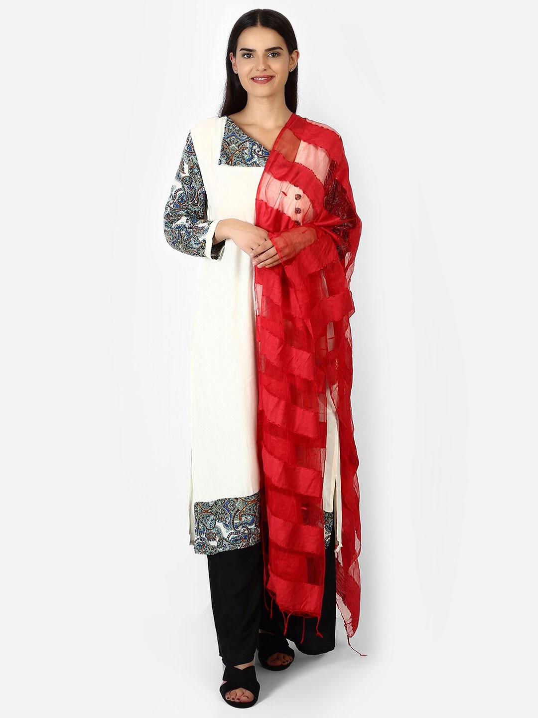 

amraoo Striped Tasselled Dupatta, Red