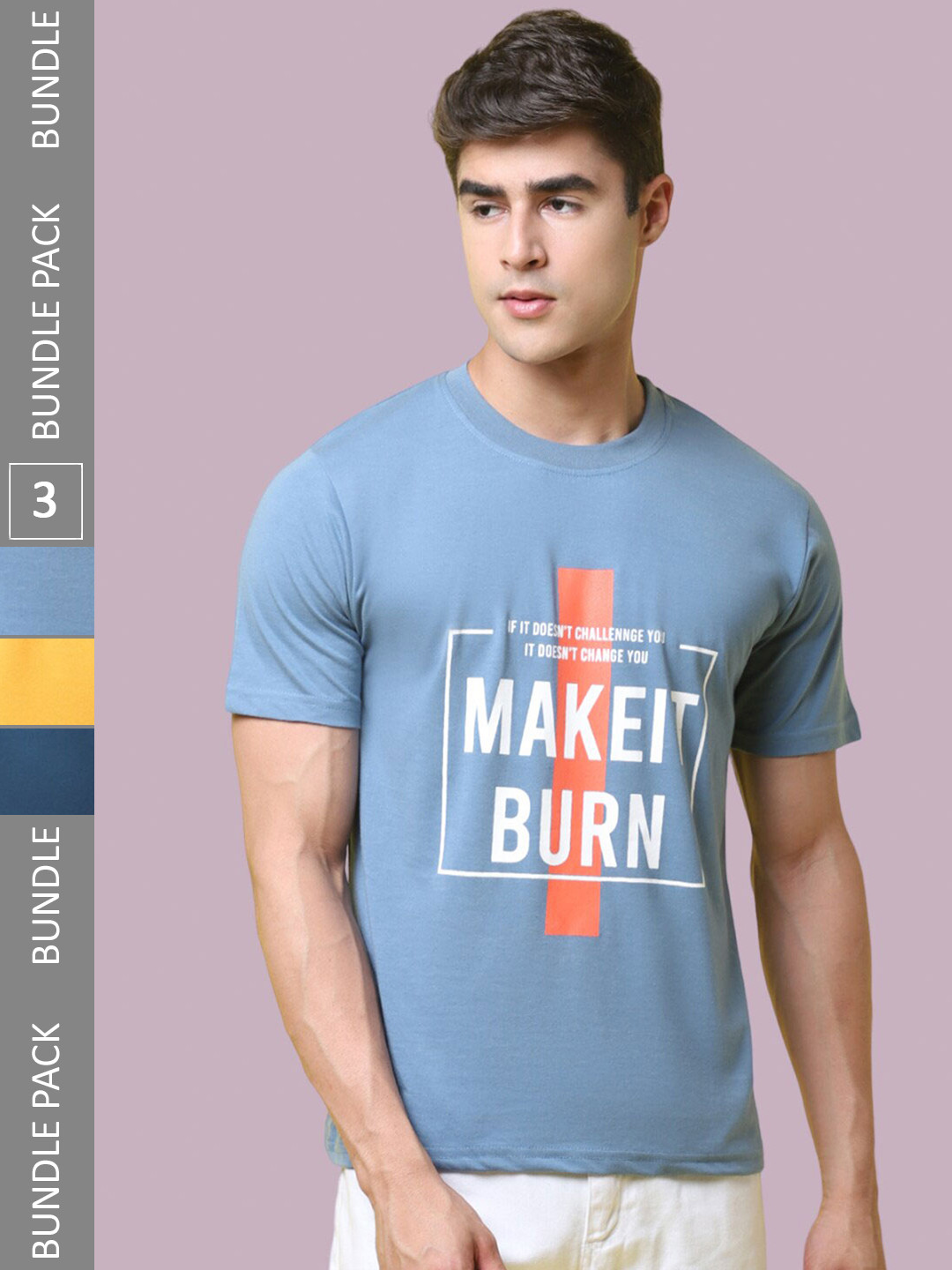 

1 Stop Fashion Pack Of 3 Typography Printed Round Neck Cotton T-shirt, Blue