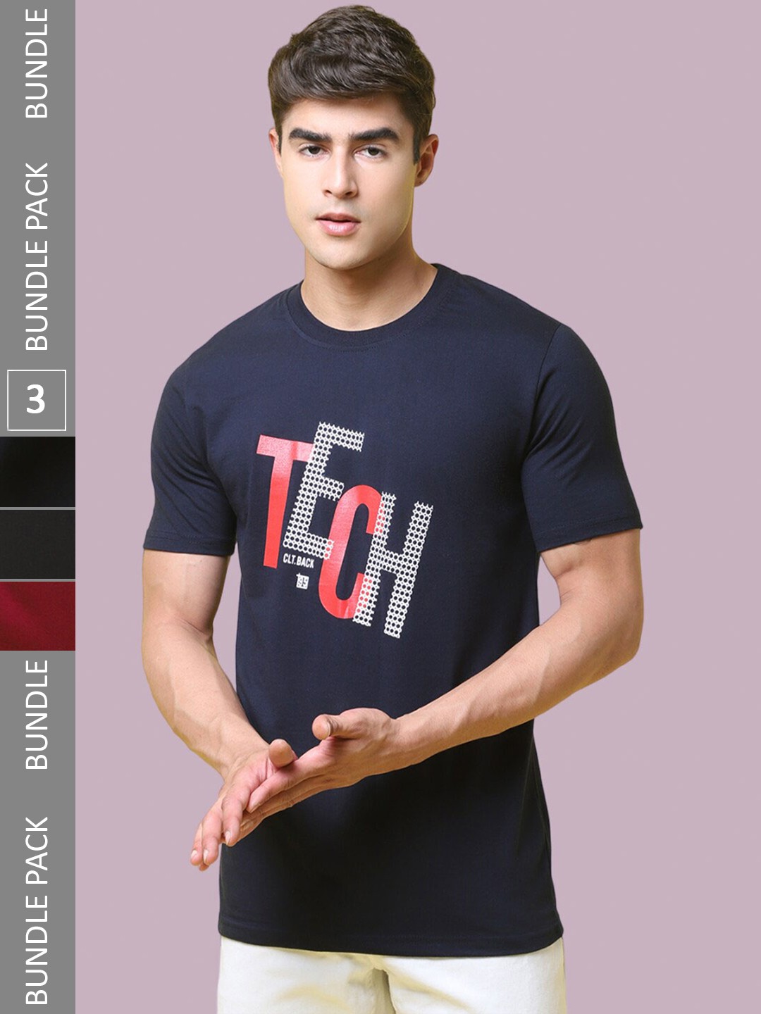 

1 Stop Fashion Pack Of 3 Typography Printed Round Neck Cotton T-shirt, Navy blue