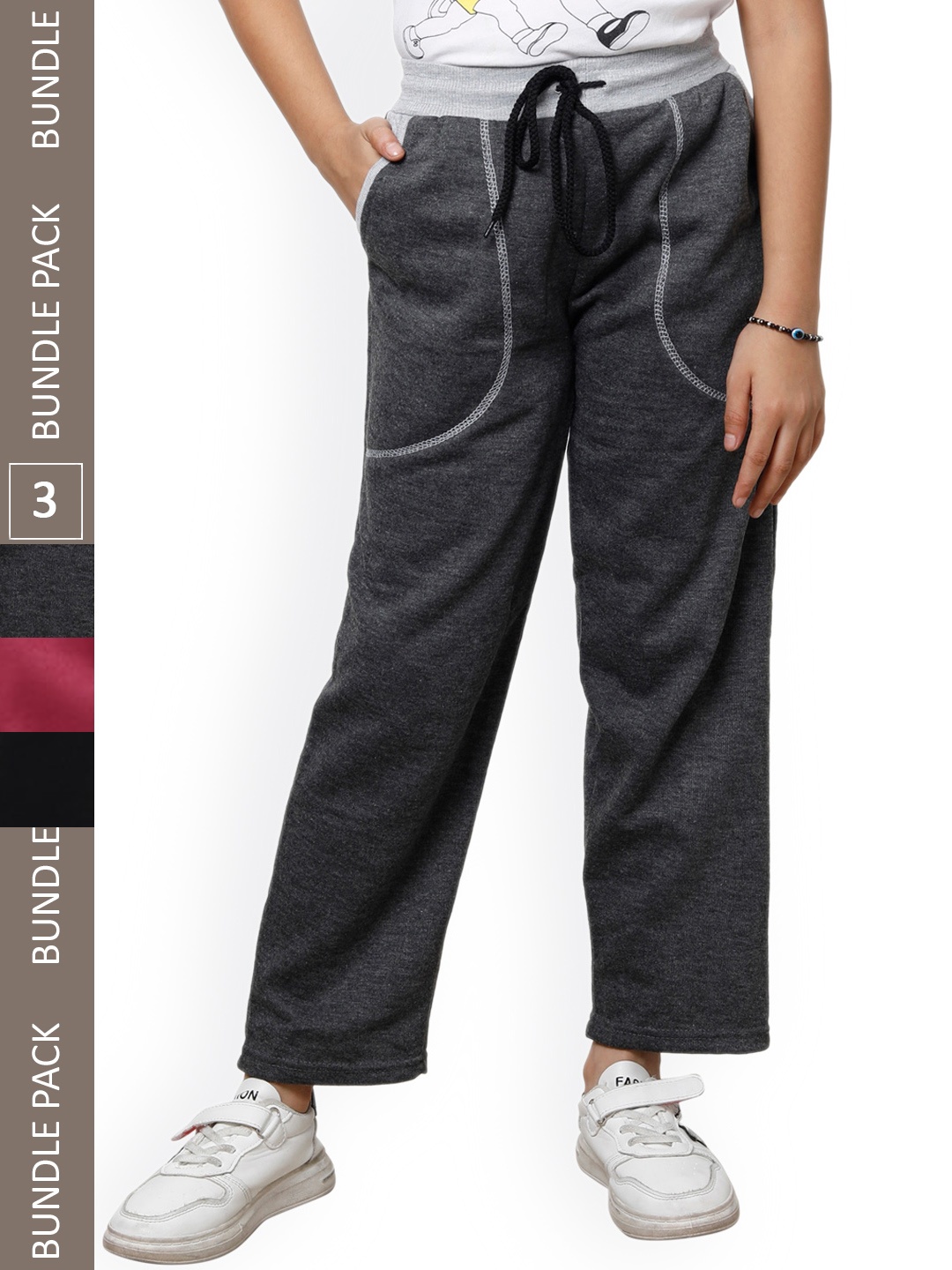 

IndiWeaves Girls Pack Of 3 Mid-Rise Track Pants, Grey