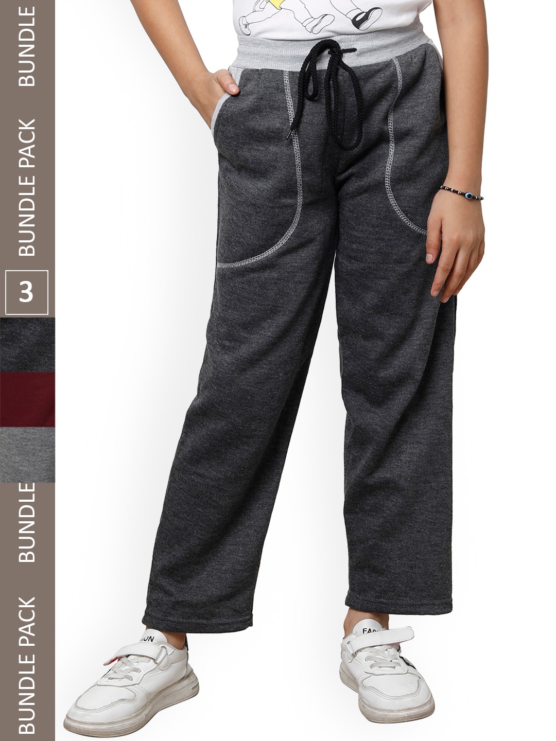 

IndiWeaves Girls Pack Of 3 Mid-Rise Track Pants, Grey