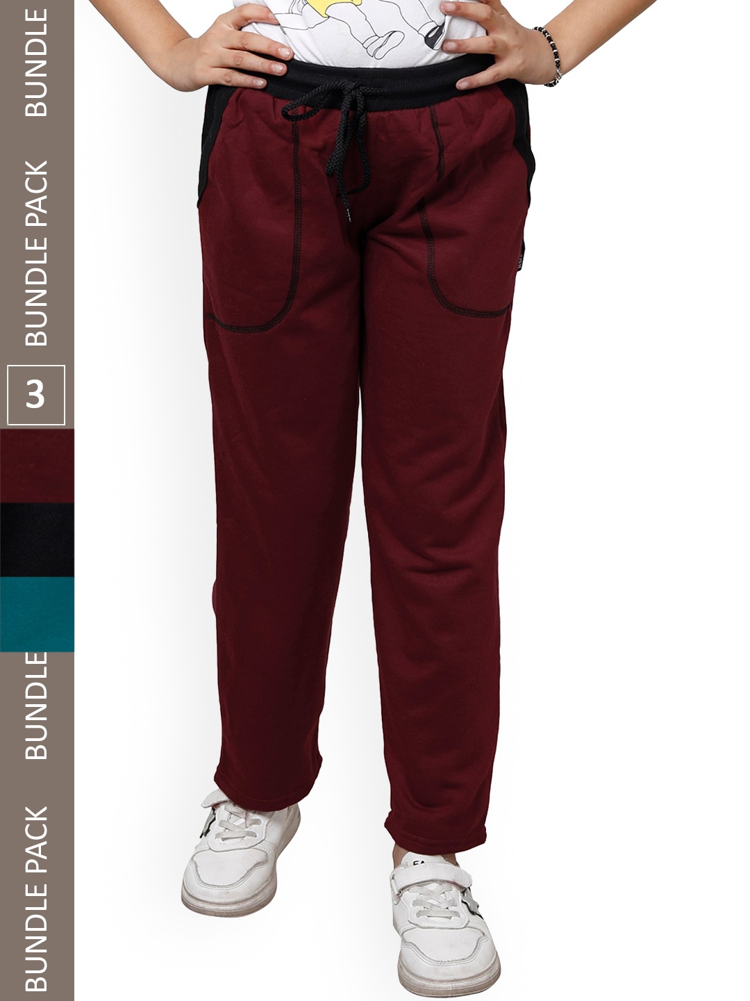 

IndiWeaves Girls Pack Of 3 Mid-Rise Track Pants, Maroon